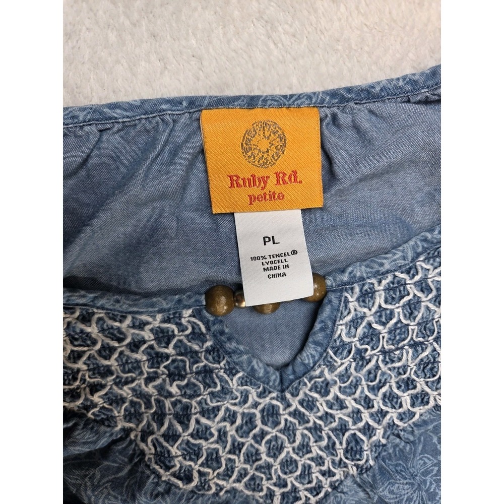 Ruby Rd Petite Large Blue Lyocell Floral Boho Peasant Top Smocked Neck Tassel... - Picture 4 of 8